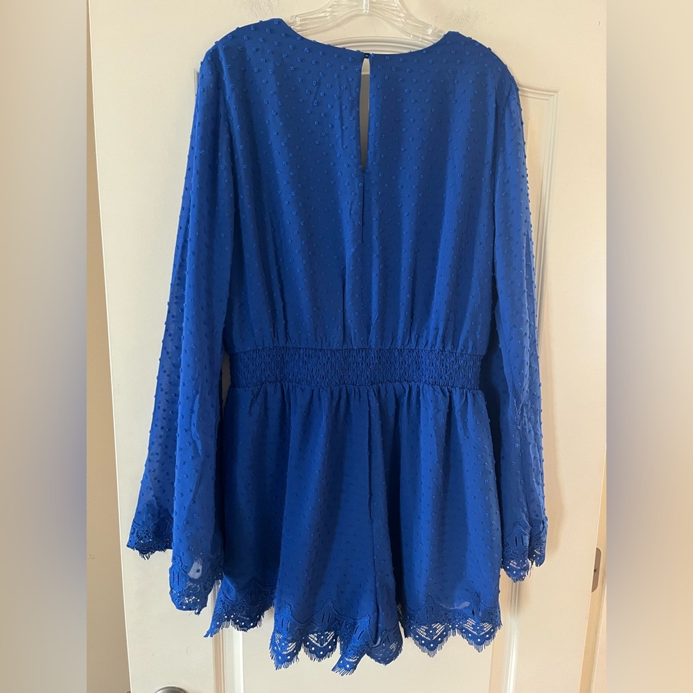 Lulu's Royal Blue Lace V-Neck Romper Cinched Waist Women’s Size Large - Picture 4 of 16